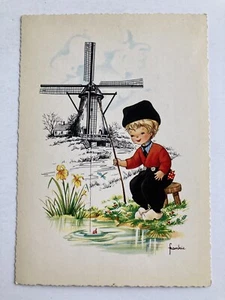 Postal de pintura vintage holandesa niño y molino de viento de Ámsterdam, Países Bajos Holanda - Imagen 1 de 2