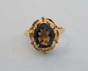 VINTAGE 1976 HS 9CT YELLOW GOLD LARGE OVAL SMOKY QUARTZ RING 4.4g - SIZE U 1/2 - Picture 1 of 11