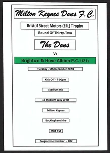 MILTON KEYNES DONS v BRIGHTON & HOVE ALBION U21s 05.12.23 EFL TROPHY PROGRAMME - Picture 1 of 3