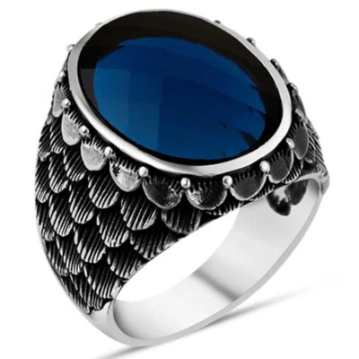 Anillo de plata esterlina 925 maciza diseño escamas de pescado facetado piedra circonita azul para hombre Foto 1 de 2