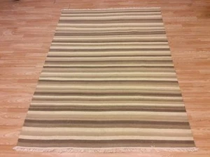 Modern Striped Brown Beige Handwoven Wool Kilim Dhurrie Rug 160x227cm 60%OFF - Imagen 1 de 6