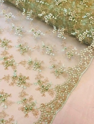 1 Meter Mint/Gold Embroided Pearl Beaded Scalloped Bridal lace Fabric 58”wide - Image 1 of 4