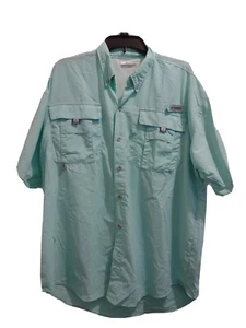 Columbia PFG Button Up Shirt Mens Large Green Fishing Fish Camp Short Sleeve - Picture 1 of 4