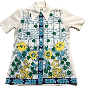 Vtg Geometric 70s Disco Retro Groovy Double Knit Graphic Button Up Blouse USA - Picture 1 of 14