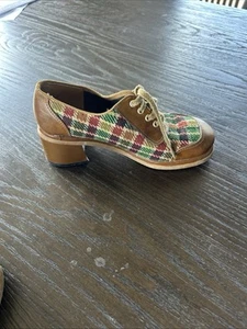 mary jane shoes Real Vintage Plaid Fabric 1970's Size 7 Retro Oxford Bohemian - Picture 1 of 10