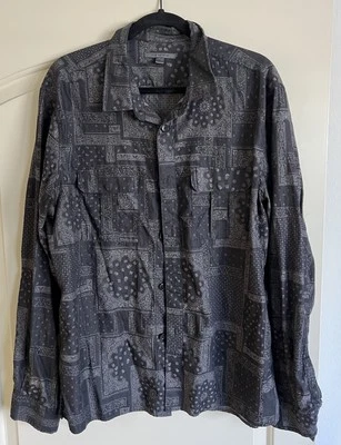 John Varvatos XL Black Gray Bandana Paisley Long Sleeve Button Up Shirt $298 - Image 1 of 4