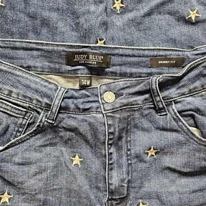 Judy blaue Damen Jeans Größe 14 W Sterne verziert hoher Bund dunkel bestickt - Bild 1 von 12
