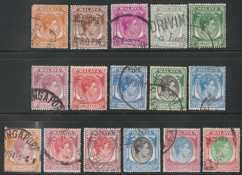 SINGAPORE,1949-52, K.George VI short set, lot of 16 used., Sc.2a-19a, VF $50+SCV Cover
