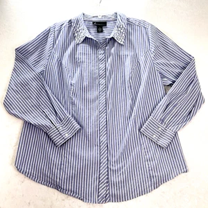 LANE BRYANT Womens Plus Button Up Shirt Rhinestone Collar Blue Stripe Cotton - Picture 1 of 12