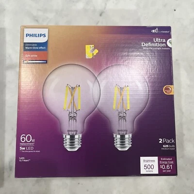 NEW 2-Pack Philips G25 Medium Base 60W 500 Lumens LED Light Bulb Soft White - Image 1 of 2