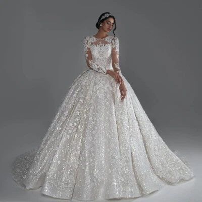 Ball Gown Royal Luxury Wedding Dresses 2024 Boat Neck Long Sleeve Vestido - Image 1 of 4