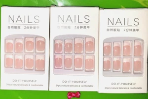 3 Manicure Kits 24pcs Glossy Pink Short Square Nails White French Tip Press On - Picture 1 of 10