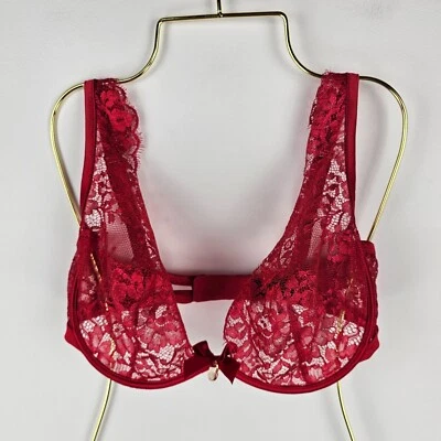 Honey Birdette Bra Womens Size 10E Red Sheer Floral Lace Underwired Jewel Bow - image 1 of 4