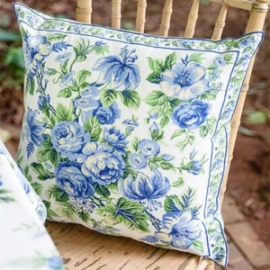 April Cornell Rosemary Floral Cushion Cover 20 x 20 Ecru Blue Green - Picture 1 of 4
