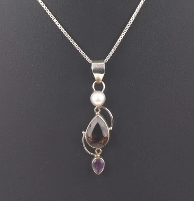 STERLING SILVER AMETHYST BROWN PEARL STONES  PENDANT CHAIN NECKLACE 925 5620B - Image 1 of 3