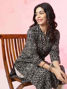 Indian Women Black Printed Rayon Ethnic Motifs Kurta Kurti Top Tunic New Dress - Bild 1 von 7