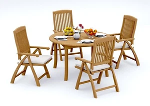 5-Piece Outdoor Teak Dining Set: 52" Round Table, 4 Reclining Arm Chairs Mar - Picture 1 of 5