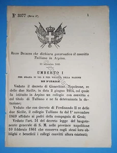Decreto Regno Italia Dichiarazione governativo convitto Tulliano in Aprino 1885 - Picture 1 of 1