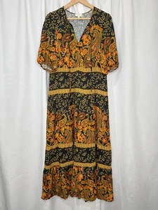 Kachel Orange Paisley Floral Print Maxi Dress Size 6 Tie Short Sleeve Boho - Picture 1 of 14