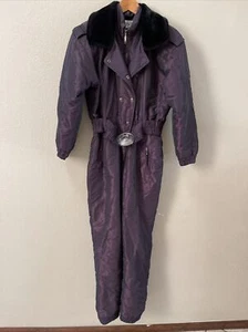 Vintage 80er Fera lila schillernder Pelzkragen Einteiler Ski Schneeanzug Damen 6 - Bild 1 von 12