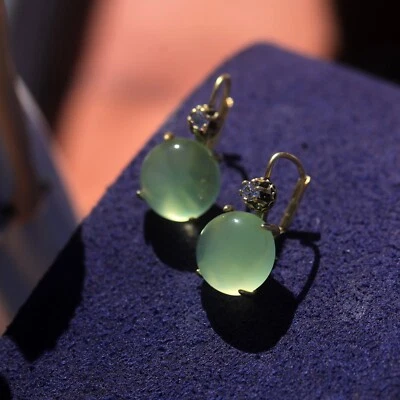 Boucles d'oreilles Dormeuse Doré Art Deco Demi Perle Agate Vert Clair SC2