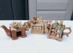 Decorative Mini Tea Pot Ceramic Dresser with Mice Set Of 3 Vintage - Picture 1 of 13