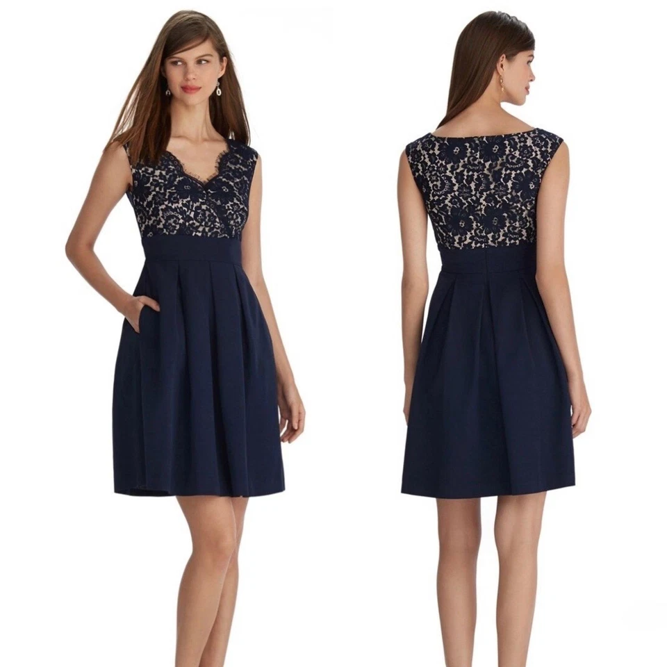 Vestido plisado sin mangas de encaje azul marino White House Black Market talla 8 Foto 1 de 4