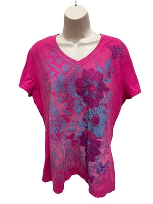 Женская футболка с коротким рукавом Just My Size размер Plus 1X фиолетовый розовый синий цветочный узор V-образный вырез - Изображение 1 из 4