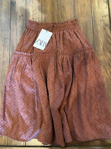 NWT Zara Girls Crinkled Midi Skirt Brown Size 9 Fully Lined