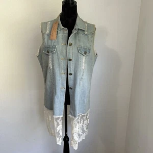 Grace And Emma Ripped Jean Vest With White Lace Women’s Size M/L - Picture 1 of 13