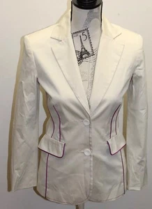 Mango Women Cream Brown Blazer Purple Piping 2 Buttons Sz 4 Cotton Green Lining - Picture 1 of 9
