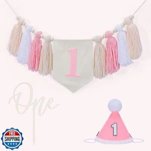 Pink First Birthday Decorations for Girl, One High Chair Banner Girl Boho Woo - Picture 1 of 5