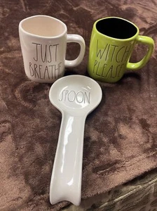 Rae Dunn 10” SPOON Rest  And 2 Coffee mugs JUST BREATHE & WITCH, PLEASE Used - Picture 1 of 14