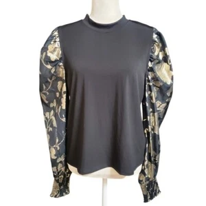 Nicole Miller Floral Mesh Mock Neck Flare Long Sleeve Blouse Top - Picture 1 of 12