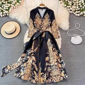 Autumn Holiday Gorgeous Flower Pink Maxi Dress Women's Long Lantern Sleeve - Picture 1 of 12