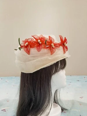 Vintage Handmade White Hat with Red Poinsettias Flowers– Festive & Unique - Image 1 of 4