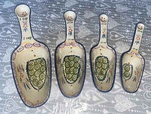 Floral Hand Painted Stoneware Measuring Scoops Set Of 4- Measures Cups And Tsp - Picture 1 of 12