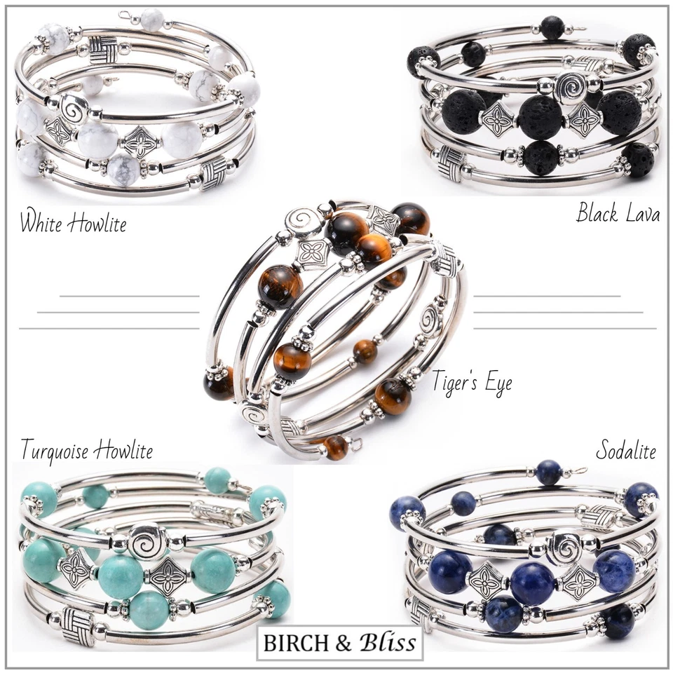 Memory Wire Wrap Bead Bracelet | Gifts for Women | Turquoise Howlite, Tiger Eye - Image 1 of 1