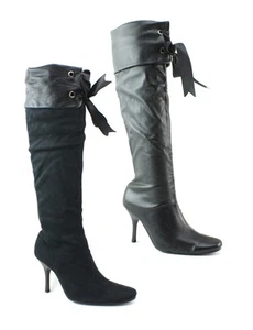 SEÑORA BOTAS NEGRAS A LA RODILLA TACÓN ALTO ESTILO PIRATA PUÑO ZAPATOS TALLA - Imagen 1 de 11