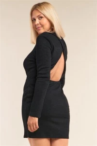 RIB KNIT CUT-OUT BACK L/S BLACK MINI DRESS - Picture 1 of 3