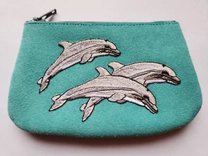 SUEDE & LEATHER COIN PURSE, "Dolphins of Aqua Suede ", Handmade, New - Picture 1 of 2