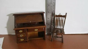 DOLLHOUSE MINIATURES~Brown ROLL TOP DESK & CHAIR - Picture 1 of 3
