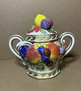 FITZ & FLOYD Venezia Zuckerdose mit erhöhtem Obstmuster und Löffel Vintage - Bild 1 von 8