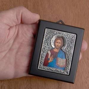 Icona greco ortodossa - Cristo Pantocratore con Riza in argento sterling - Foto 1 di 3