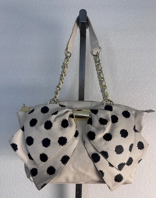 Betsey Johnson LG Purse Satchel Off White Large Polka Dot Bow Gold Accents READ - Image 1 of 4