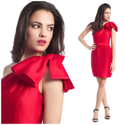 Vestido de cóctel Shoshanna ámbar seda Gaza con acento de moño de un hombro 8 lápiz labial rojo Foto 1 de 4