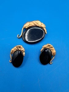 Vintage 1989 JJ Jonette Black And Gold Leopard Brooch Earring Set - Picture 1 of 4
