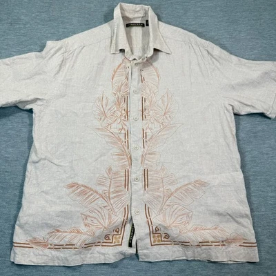 Camisa Cubavera Hombre XL Beige Marrón Lino Manga Corta Bordada Floral Foto 1 de 4