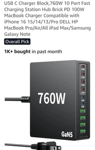 760W USB C Charger Block, 10 Port Fast Charging Station Hub Brick PD 100W Macboo - Picture 1 of 8