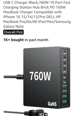 760W USB C Charger Block, 10 Port Fast Charging Station Hub Brick PD 100W Macboo - Image 1 of 4